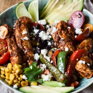 Chicken Fajita Bowl on a tablecloth