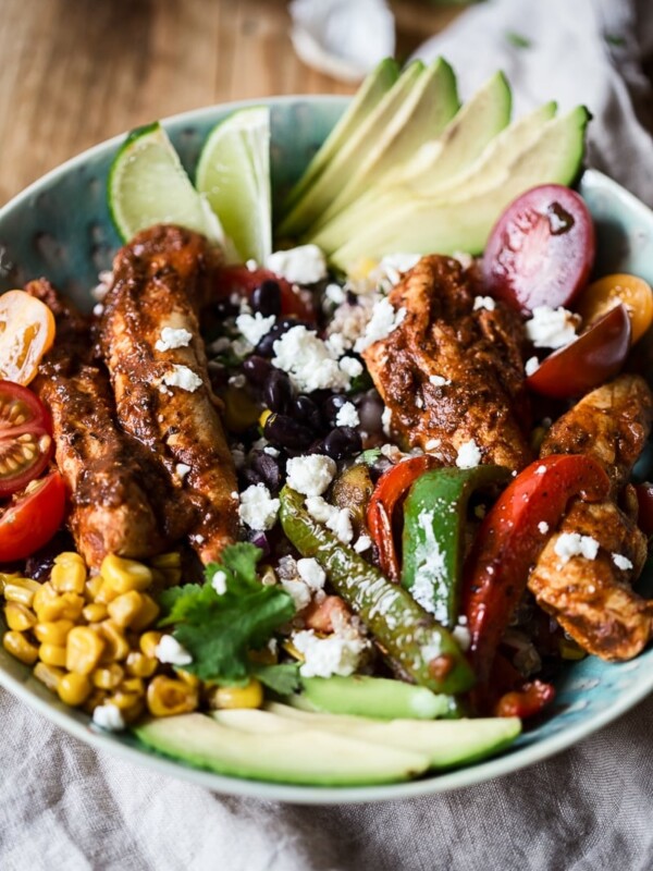 Chicken Fajita Bowl on a tablecloth