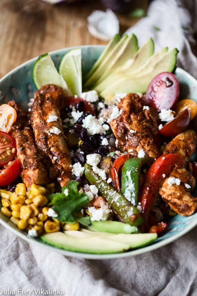 Chicken Fajita Bowl on a tablecloth