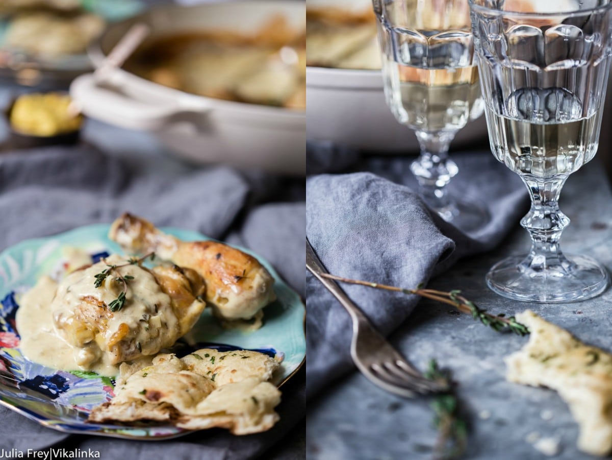 collage of two photos: chicken with sauce over it on blue plate and two glasses of white wine