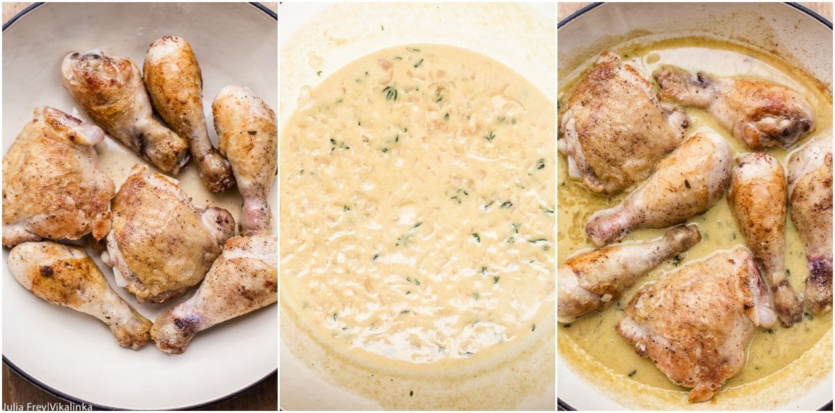 collage of 3 cooking stages for dijon chicken