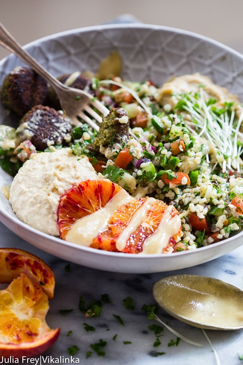 Close up shot of falafel salad bowl