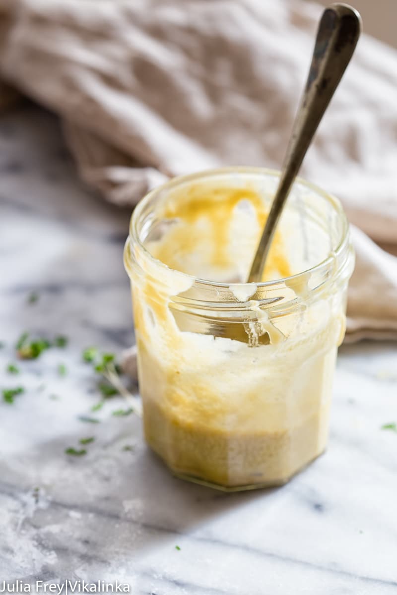 Close up of salad dressing in a jar