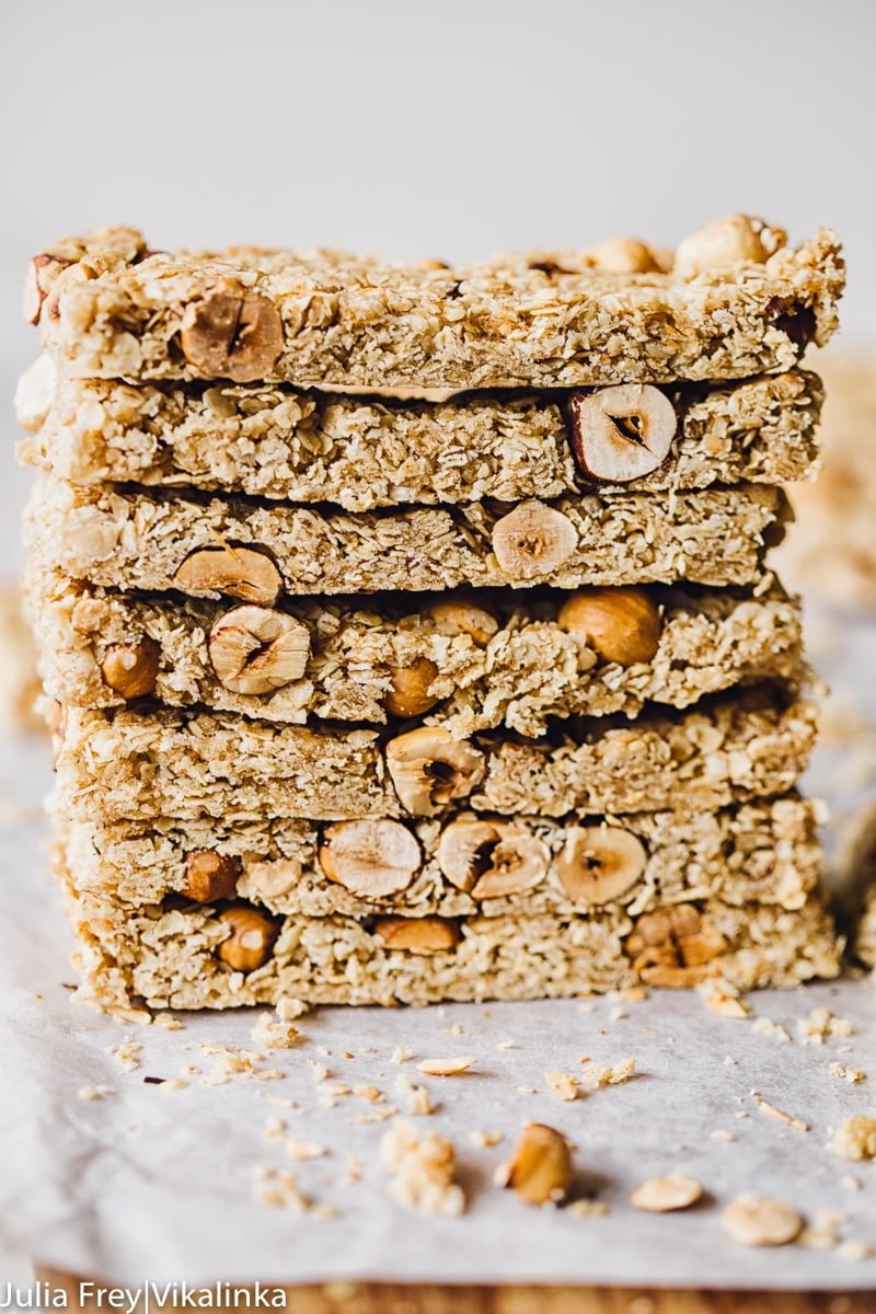 Stack of granola bars on parchment paper