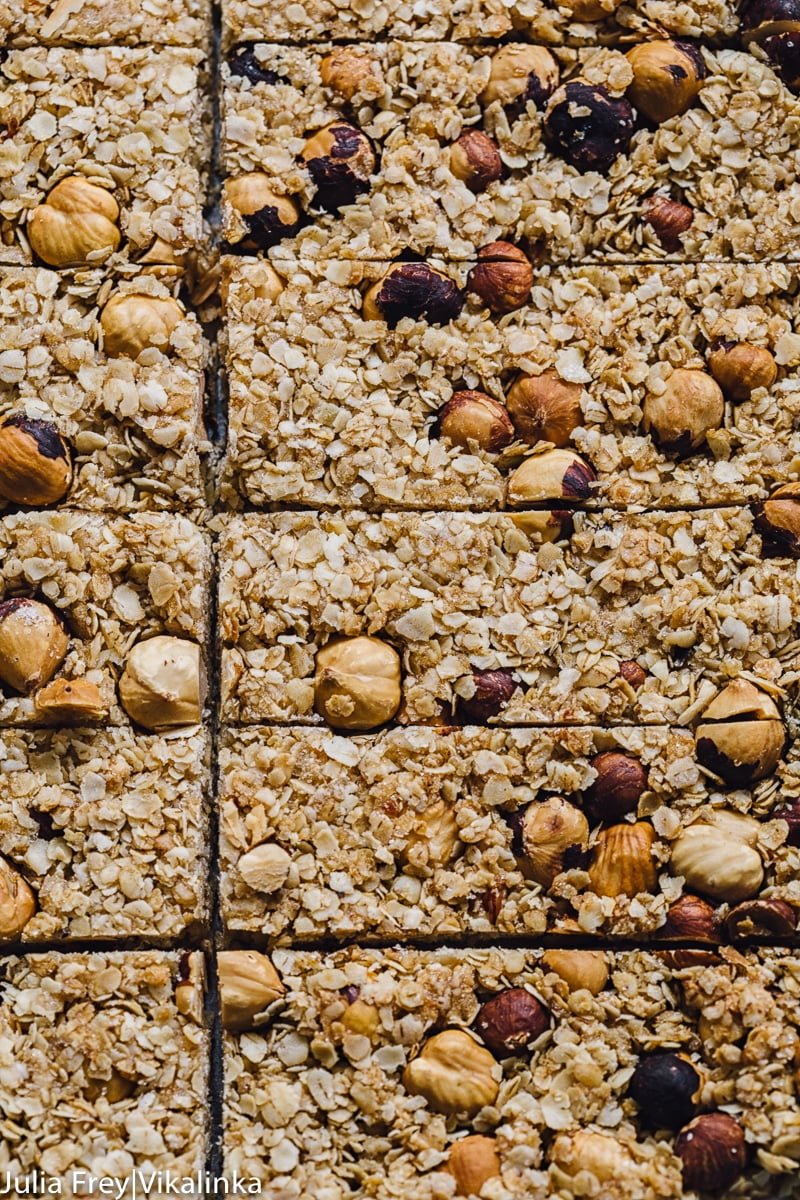 Top down view of granola bars cut into squares