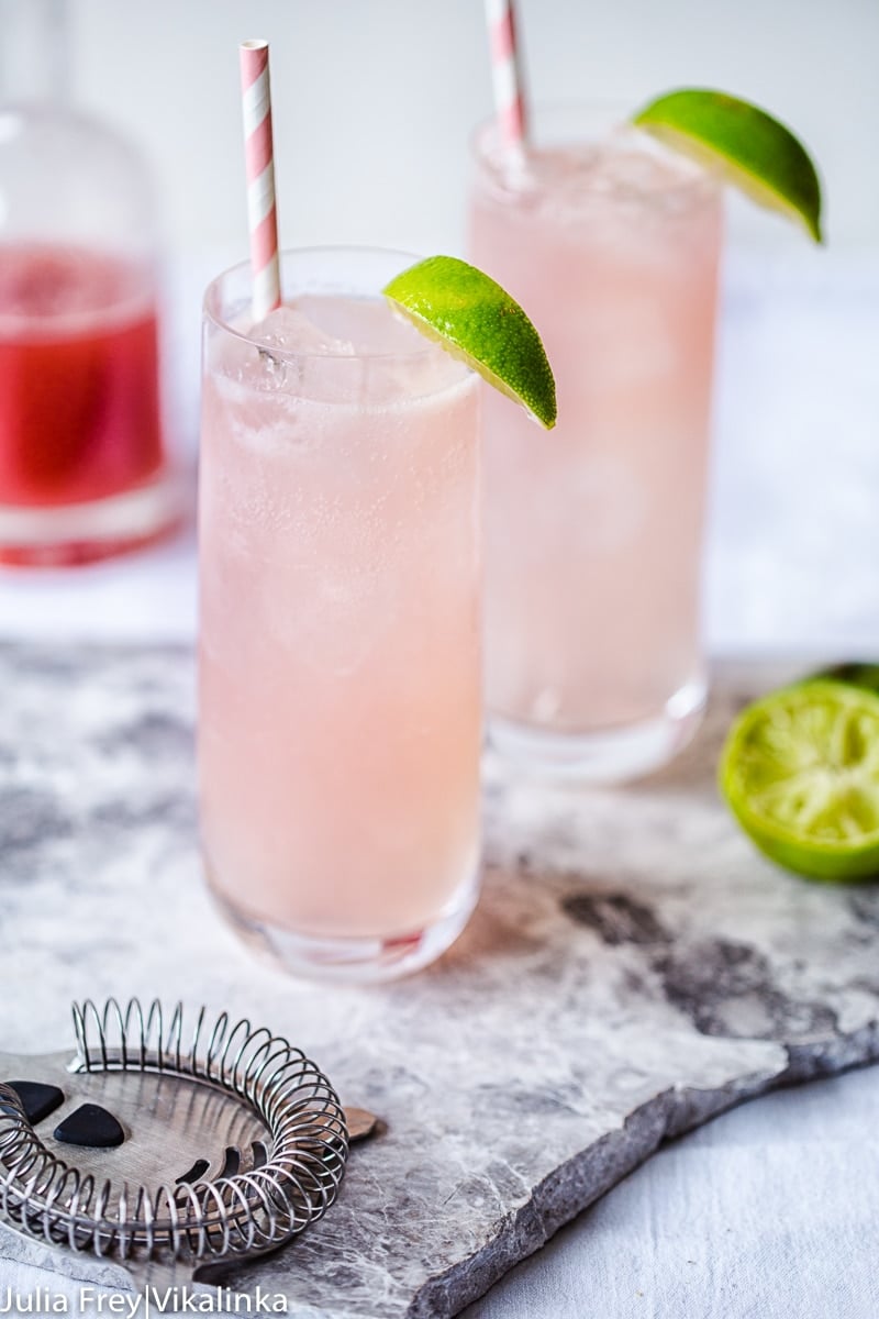 Rhubarb Moscow Mule in two glasses on a table