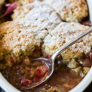 Rhubarb cobbler in a pan