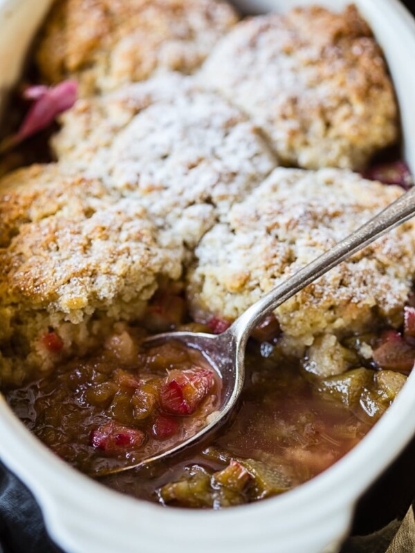 Rhubarb cobbler in a pan
