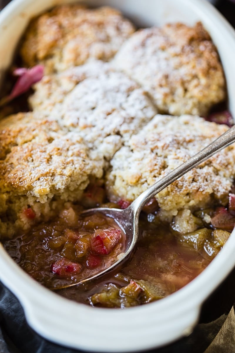 Rhubarb cobbler in a pan