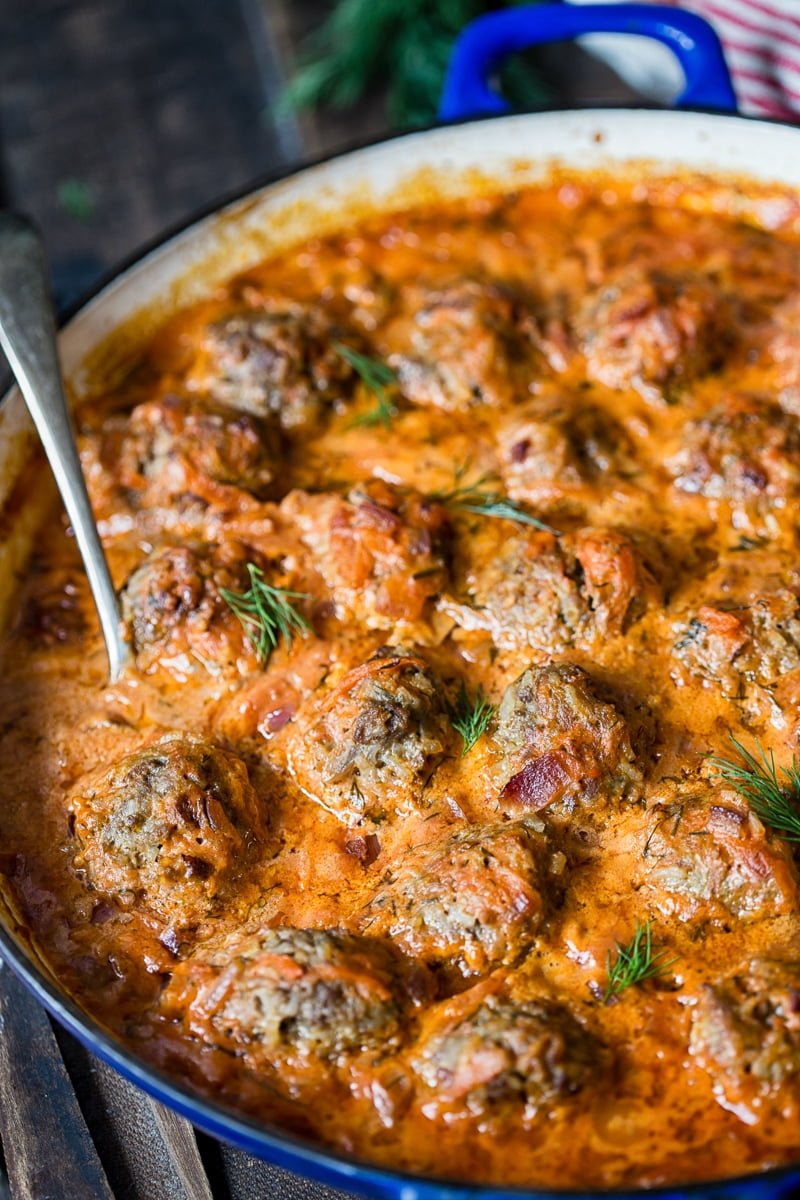 Porcupine Meatballs in tomato sauce in a pan