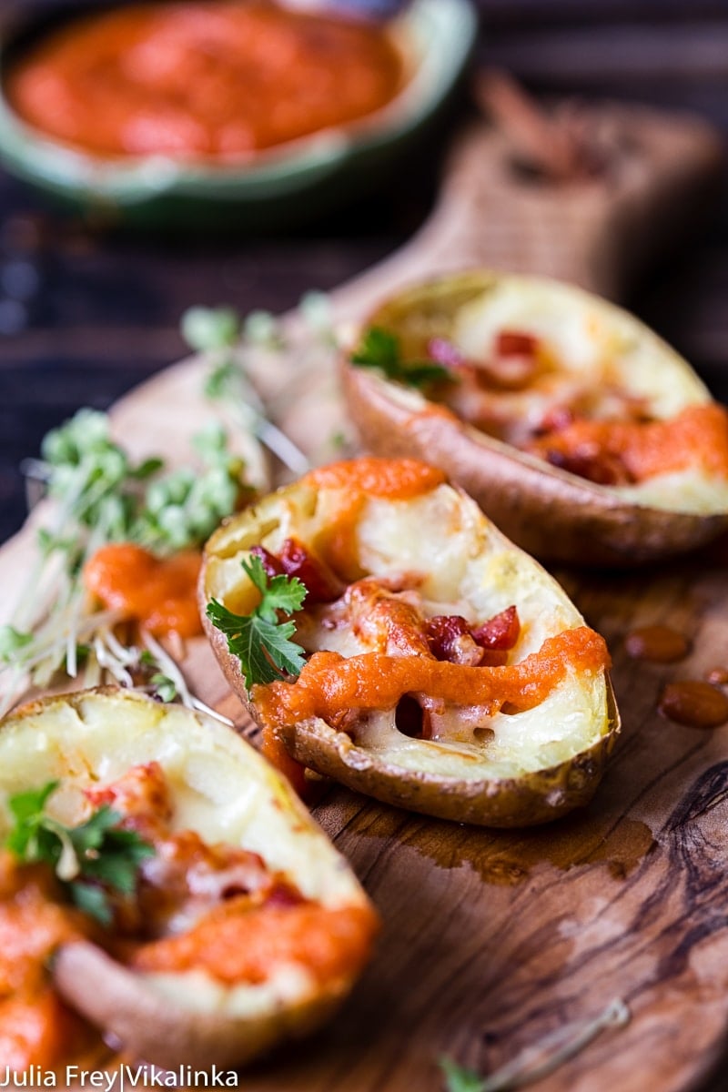 Loaded Potato Skins With Chorizo And Bravas Sauce Vikalinka