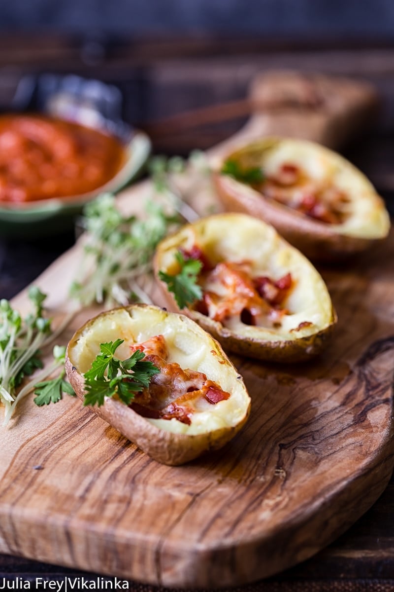 Potato skins with chorizo and cheese with herbs