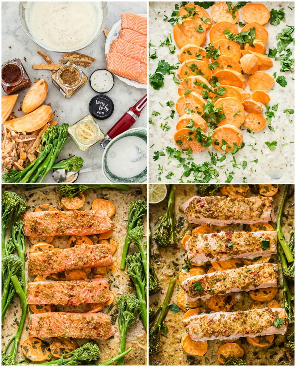 Process photographs showing ingredients, sliced sweet potato and items on baking tray