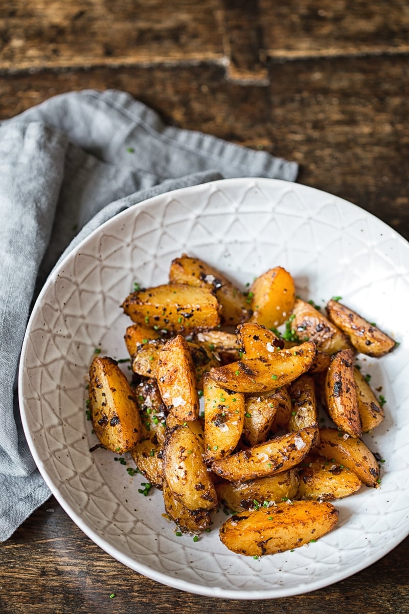 Chipotle Mayo Roasted Potato Wedges in a bowl from the top down