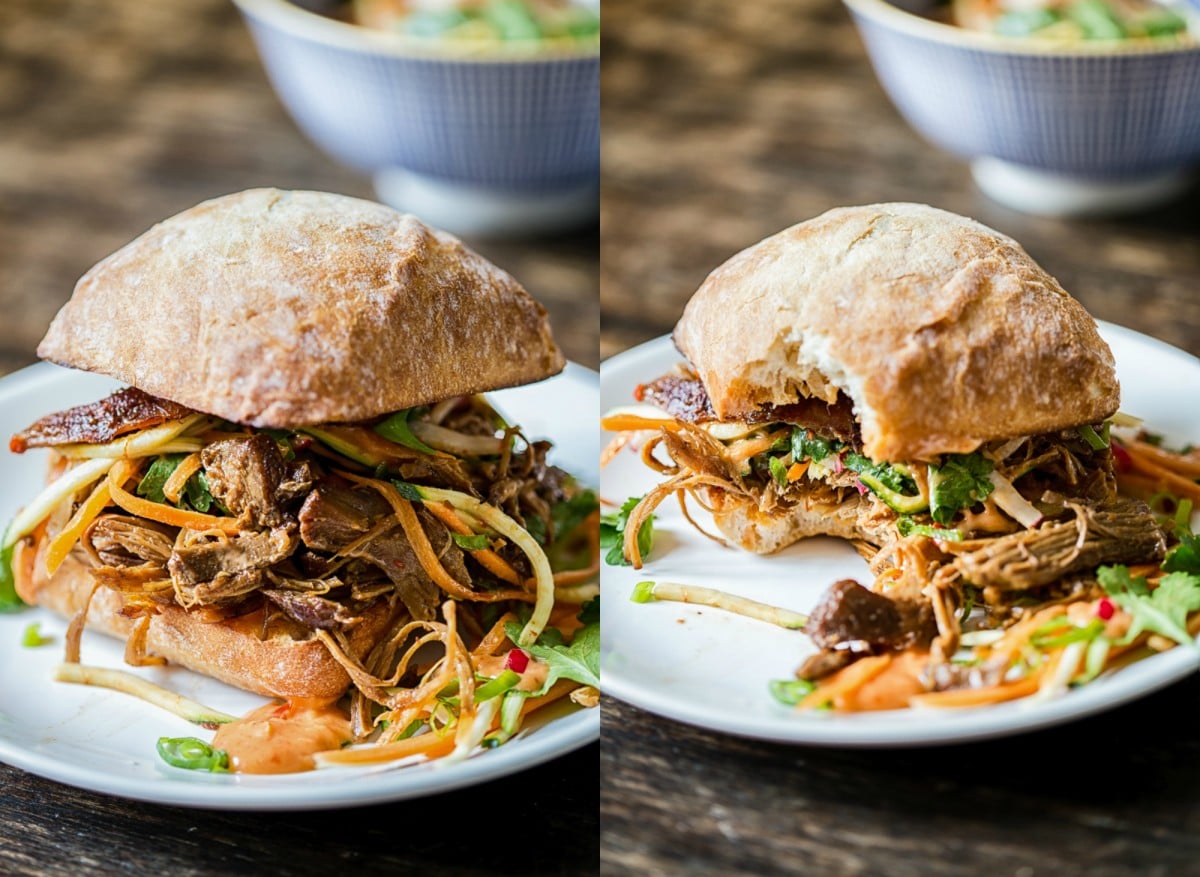 Asian pulled pork buns with carrot, zucchini and radish slaw