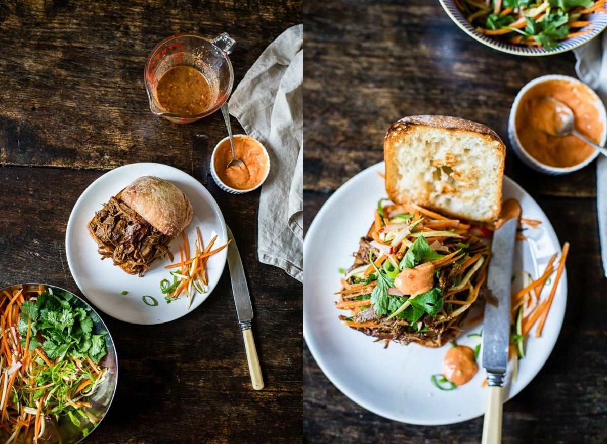 Asian pulled pork buns with carrot, zucchini and radish slaw