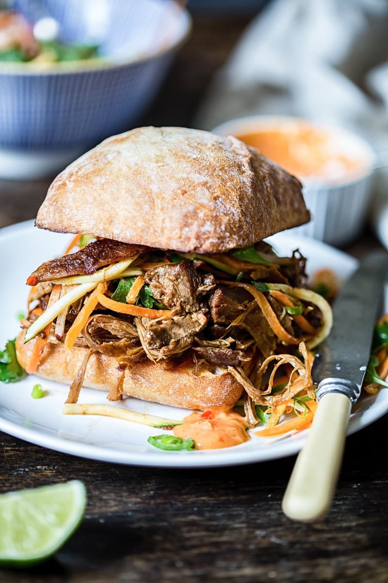 Asian pulled pork buns with carrot, zucchini and radish slaw