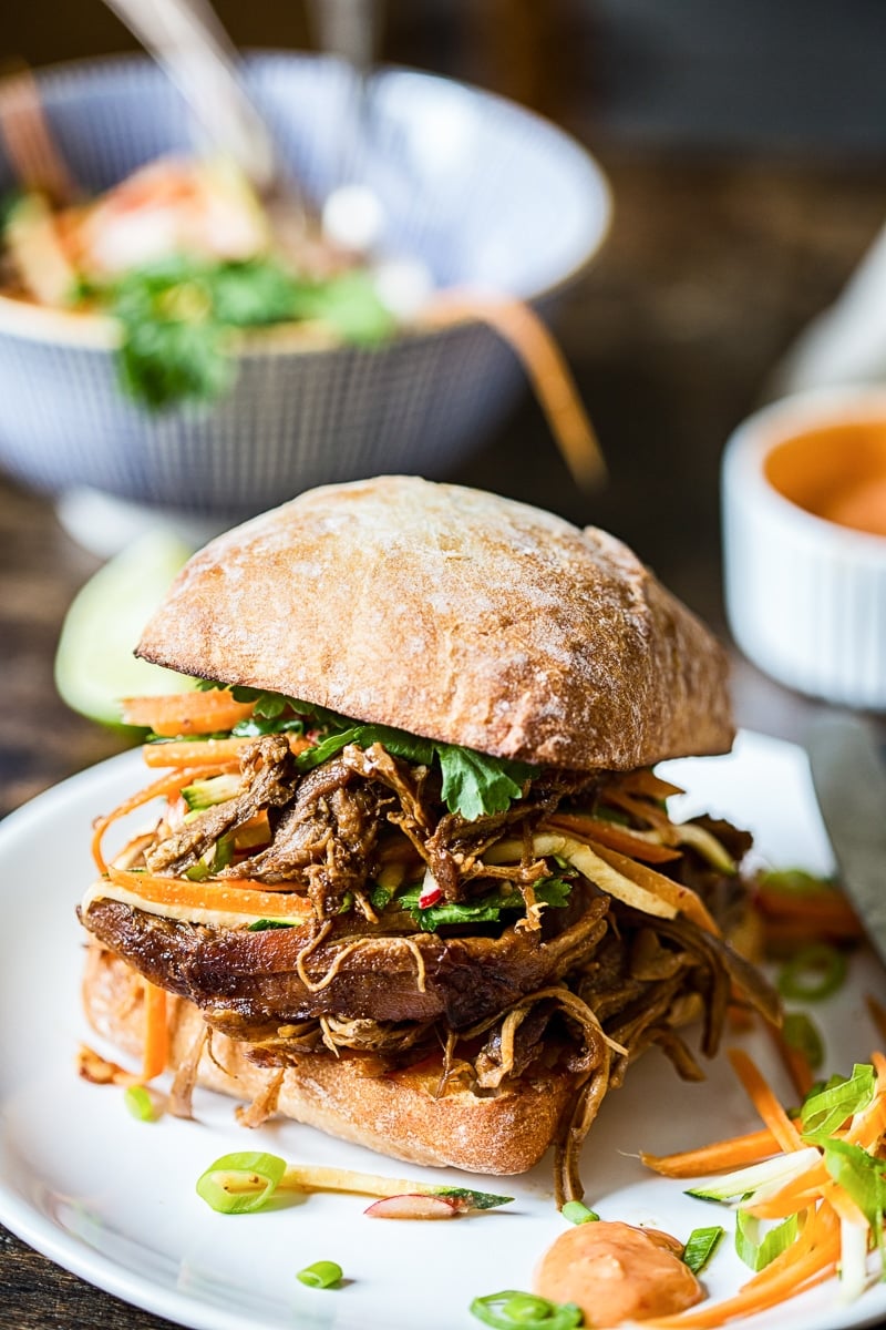 Asian pulled pork buns with carrot, zucchini and radish slaw 