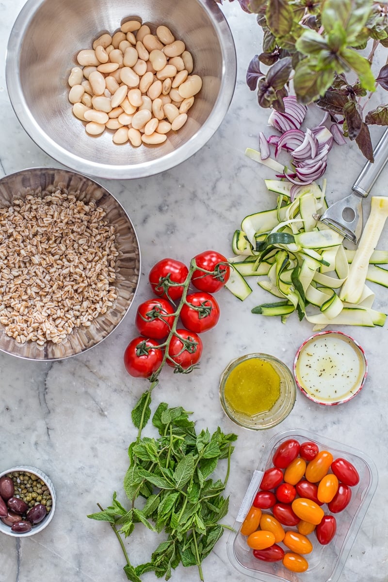 Herby Farro Salad with Olives, Cherry Tomatoes and Zucchini Ribbons 
