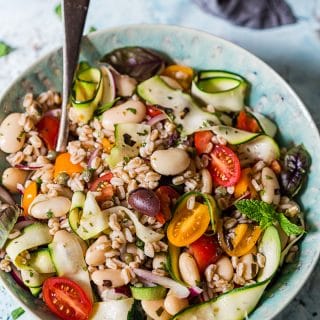 Herby Farro Salad with Olives, Cherry Tomatoes and Zucchini Ribbons