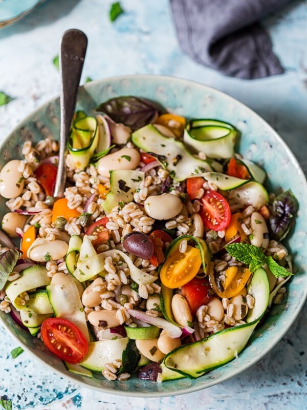 Herby Farro Salad with Olives, Cherry Tomatoes and Zucchini Ribbons