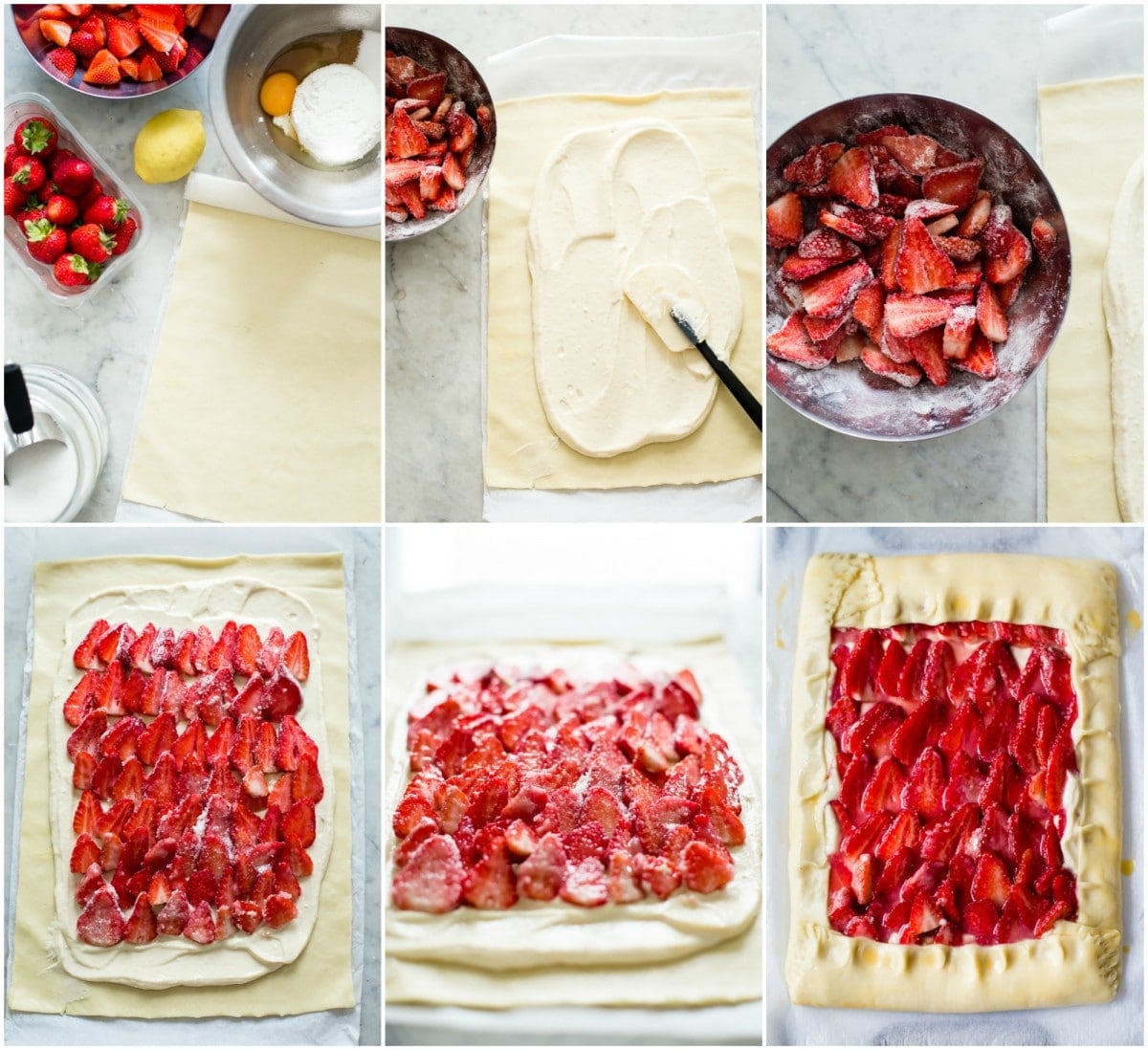 Process shots of making rustic strawberry galette in six steps showing assembly