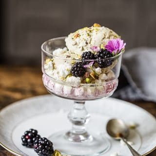 Stemmed dish with the Eton mess showing blackberries