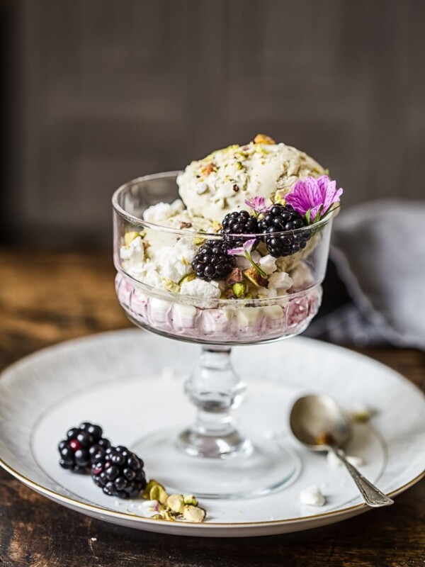 Stemmed dish with the Eton mess showing blackberries