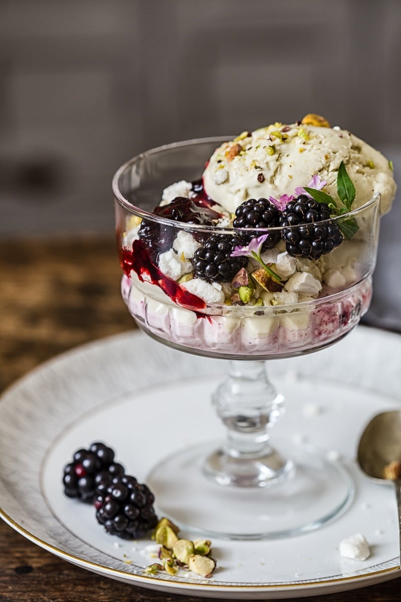 Stemmed glass dish with the ice cream