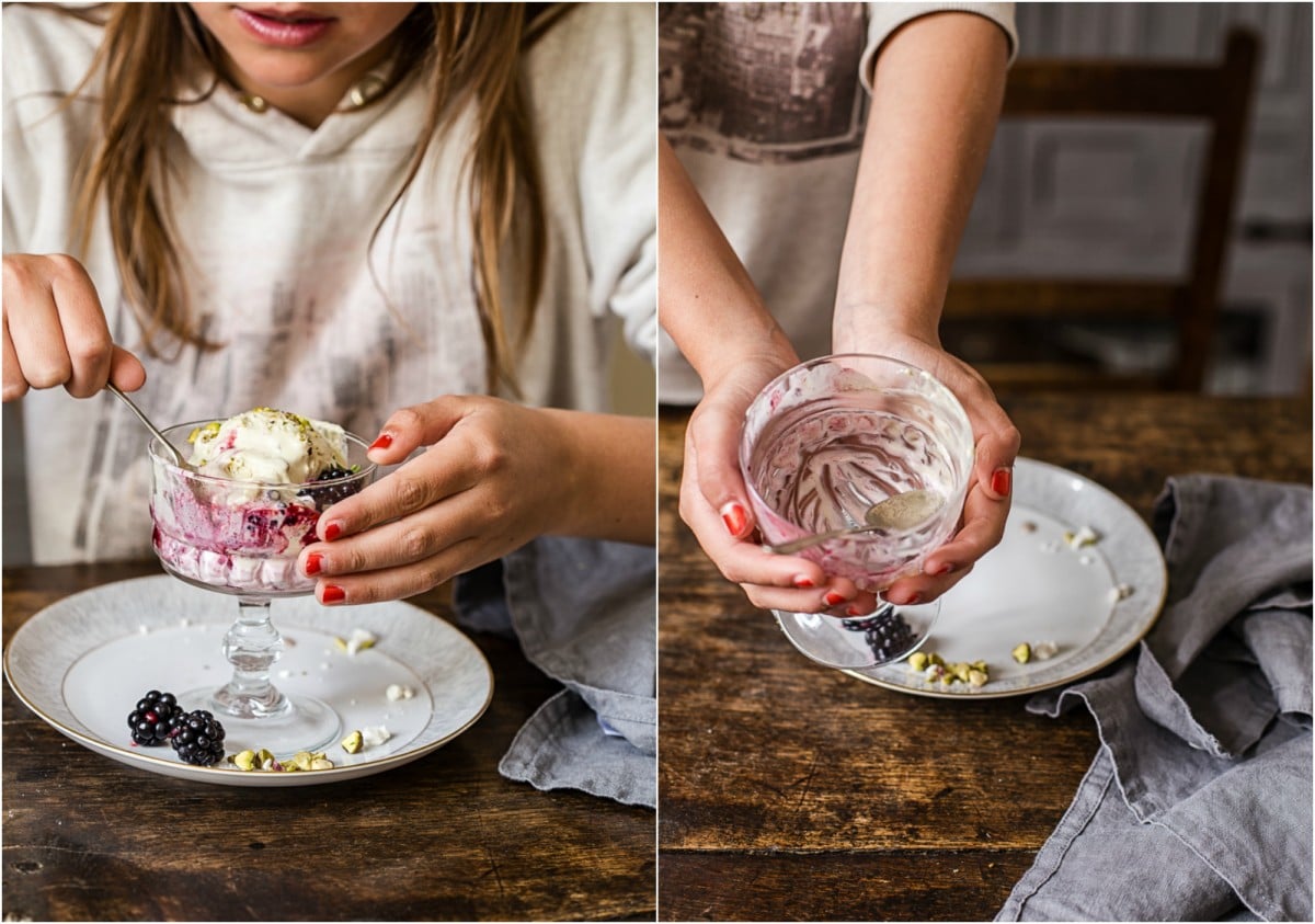 Two pictures of a girl eating the dessert and then showing the empty dish