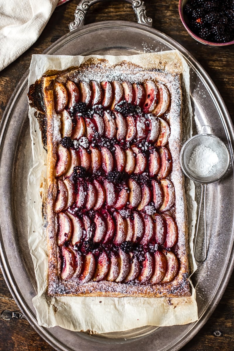 Peach and Blackberry Tart on a serving platter