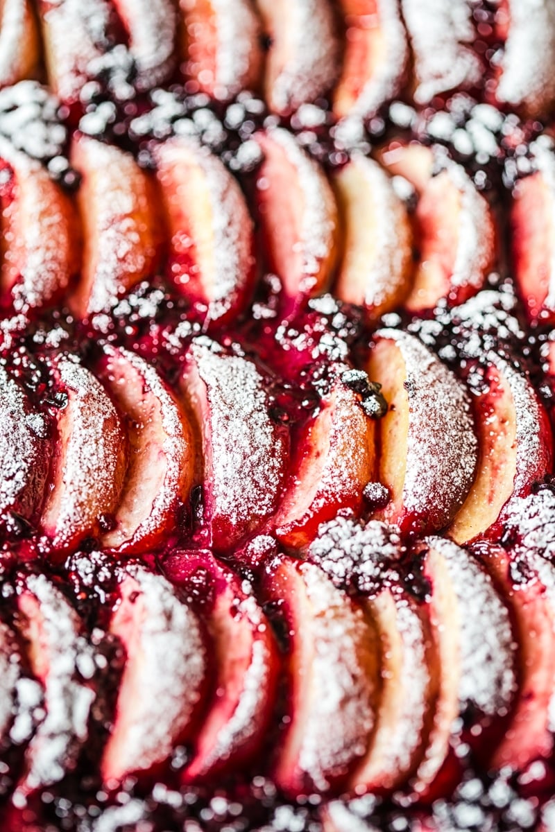 Close up of peaches and blackberries baked together