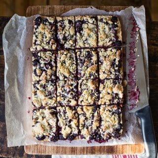 top down view of sliced Blackberry Crumble Bars