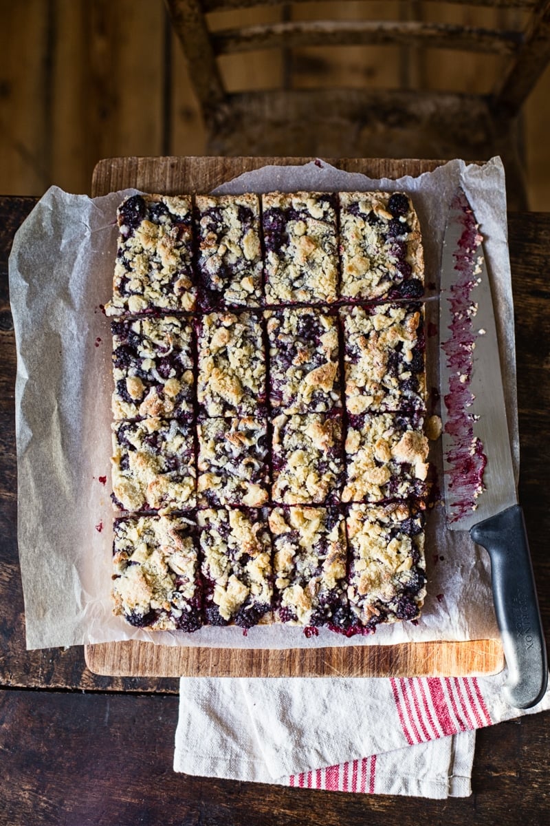 top down view of sliced Blackberry Crumble Bars