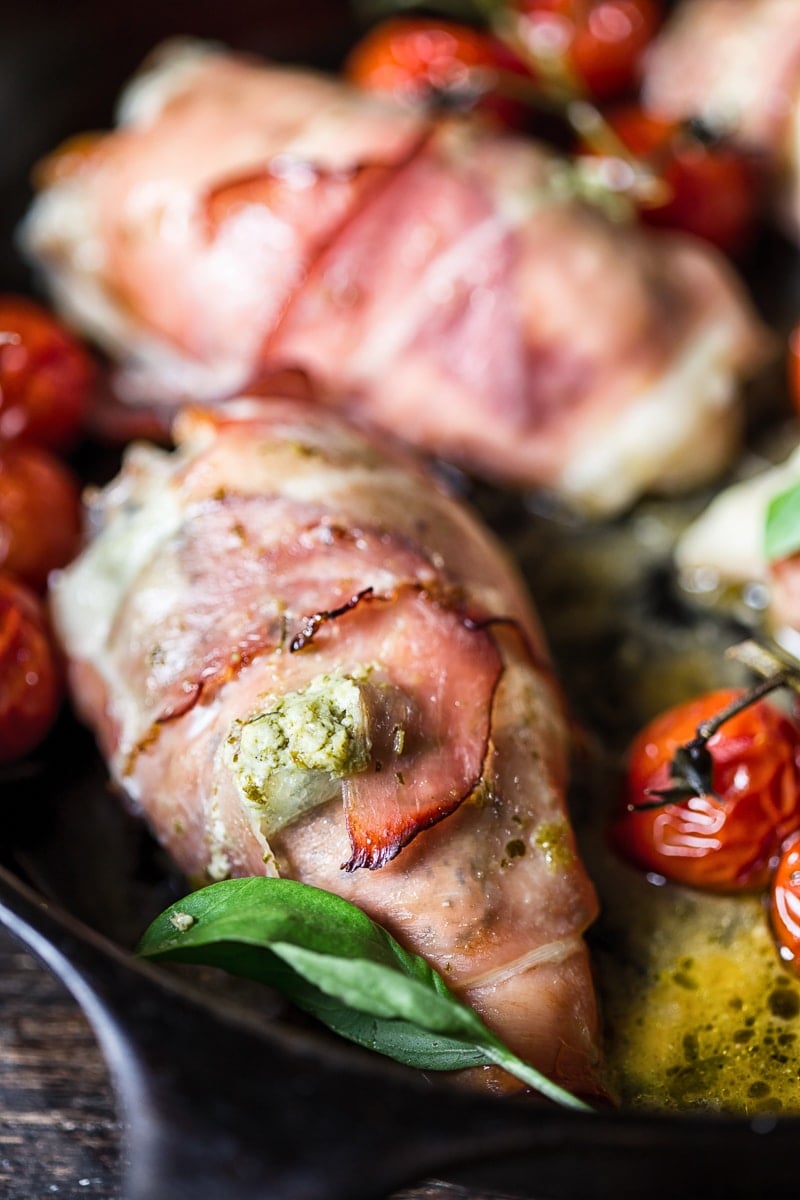 Close up of a chicken parcel wrapped in prosciutto