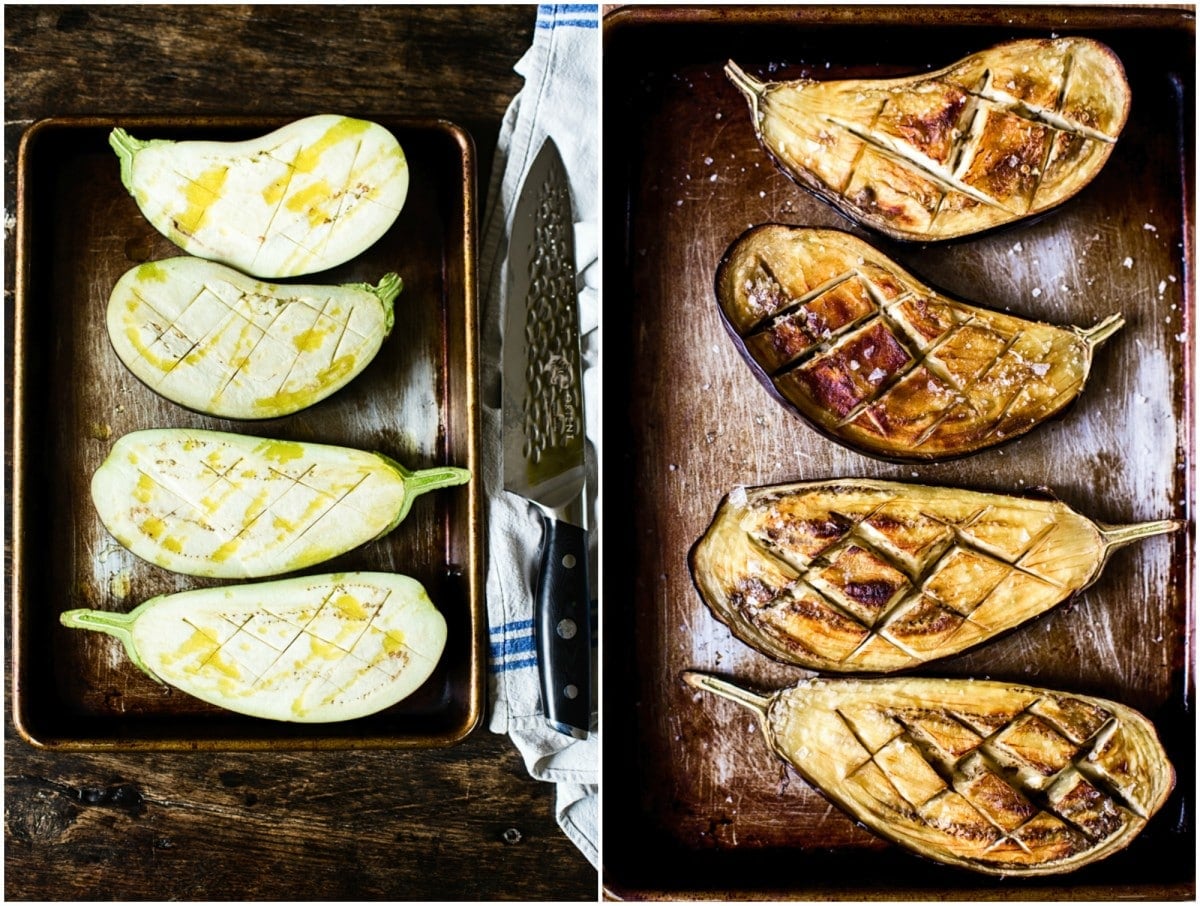 Before and after shots of roasted eggplants