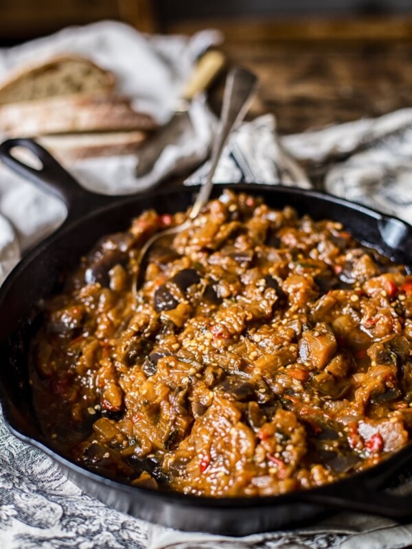 castiron pan with eggplant caviar