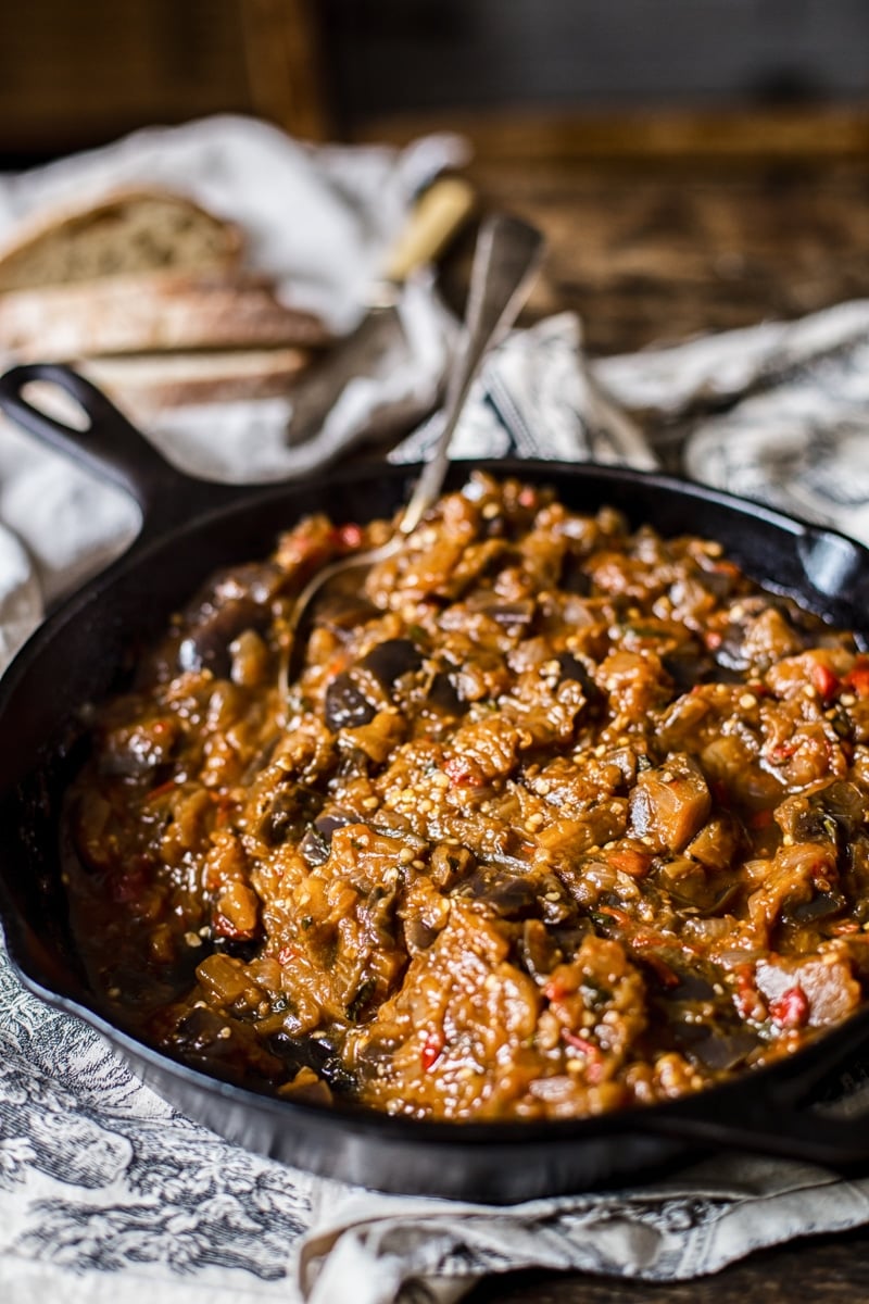 castiron pan with eggplant caviar