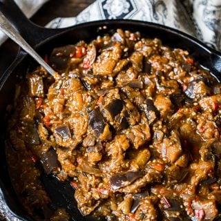 Russian eggplant caviar in a frying pan