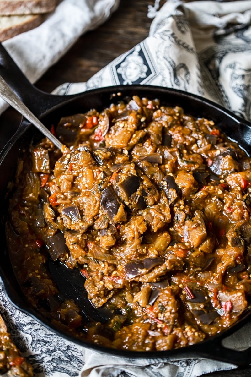 Russian eggplant caviar in a frying pan