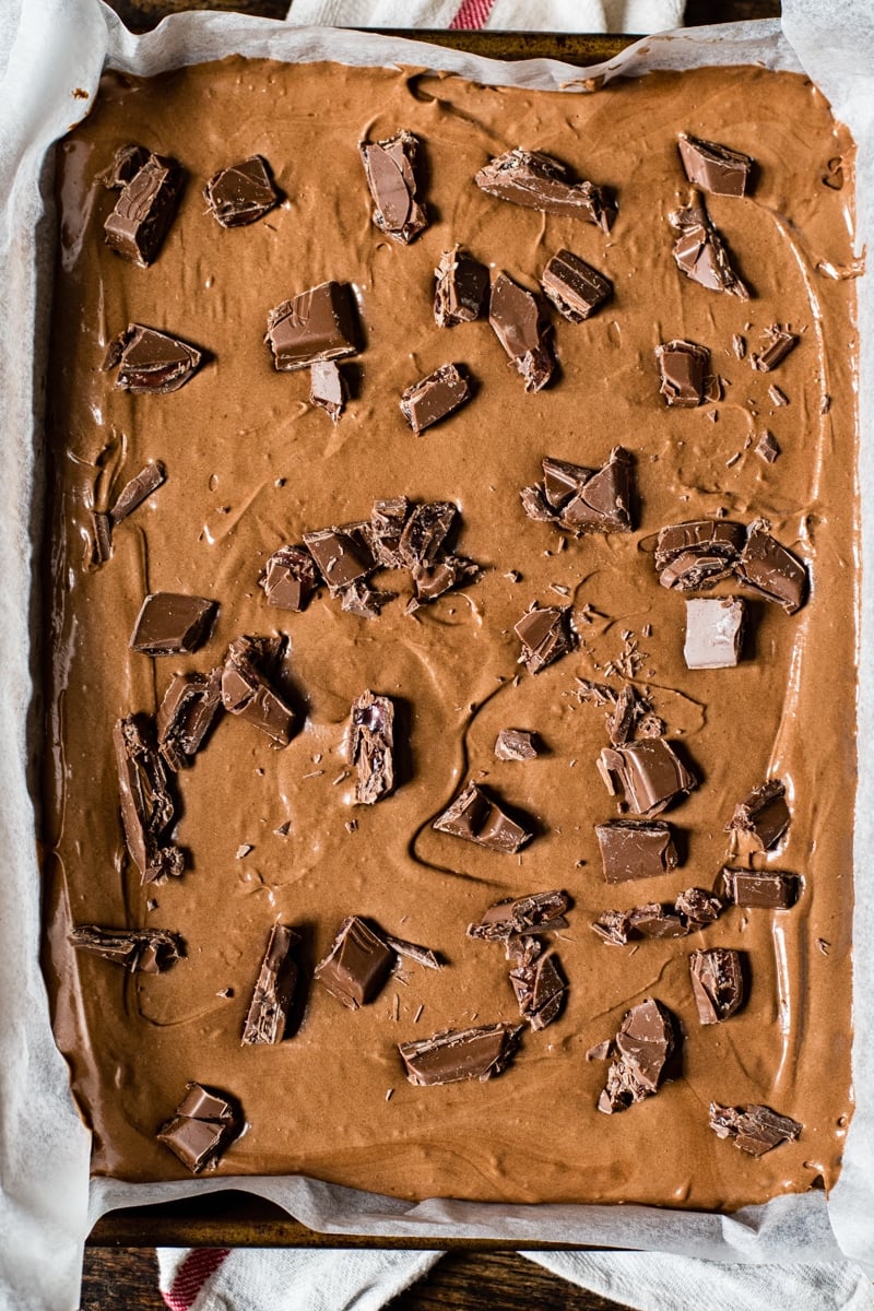 Pan of the brownies showing chocolate pieces