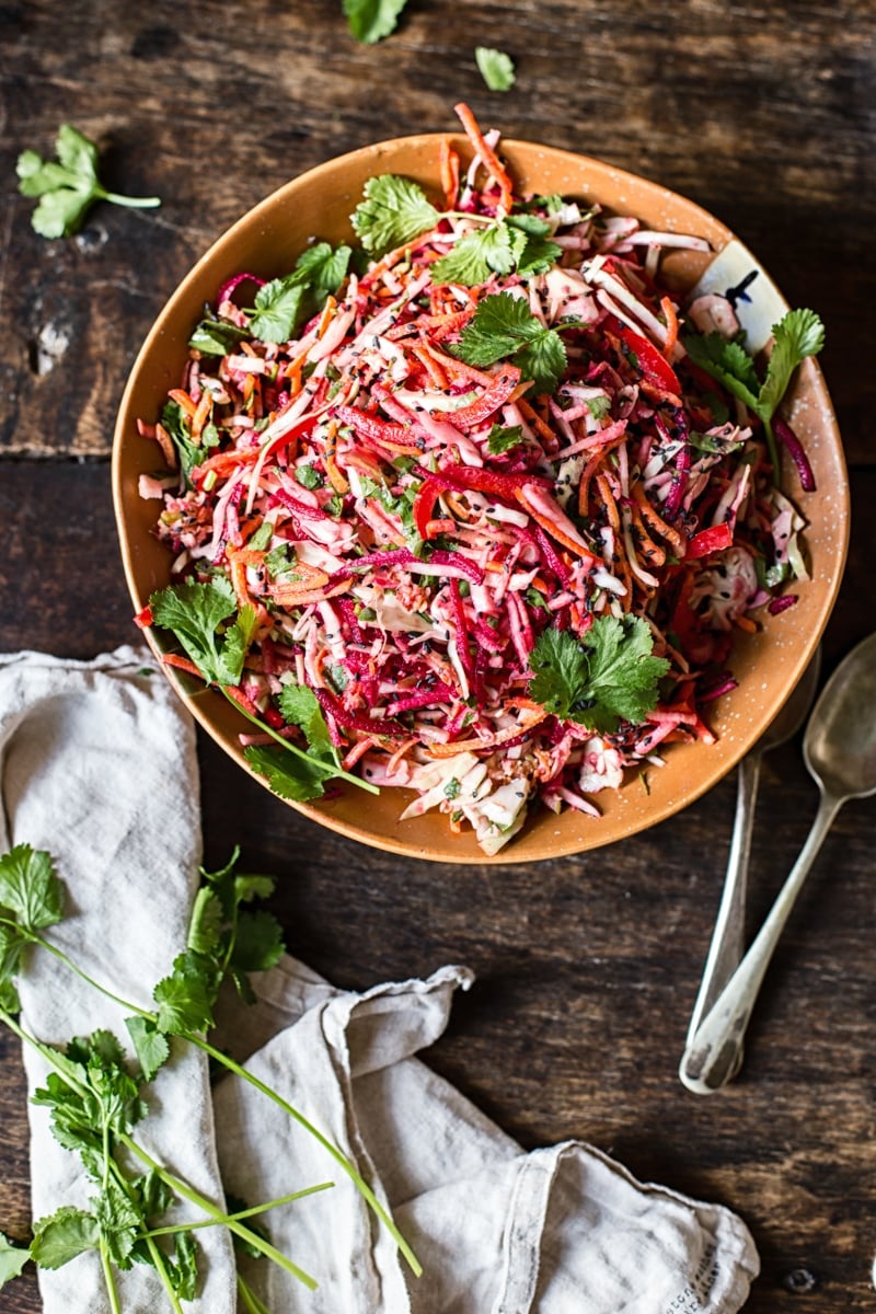 Top down of a bowl of rainbow slaw