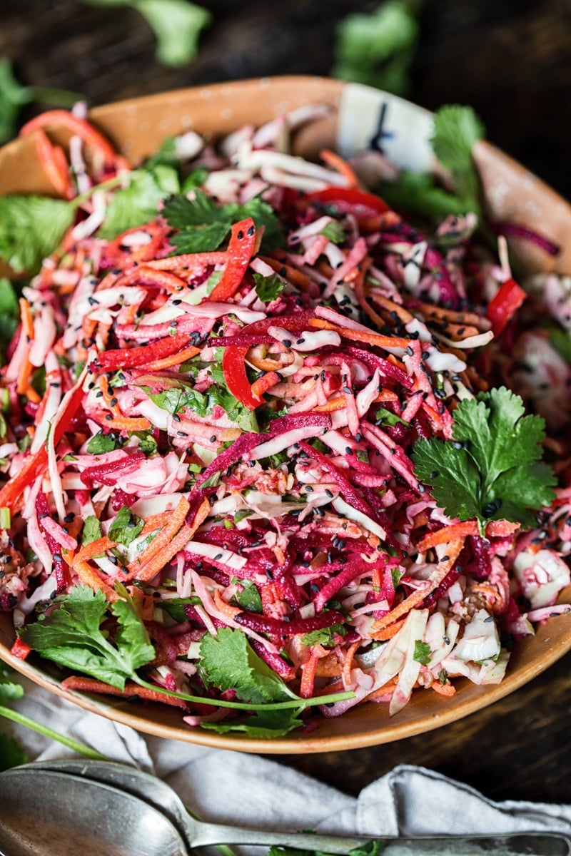 Close up of a bowl of rainbow slaw