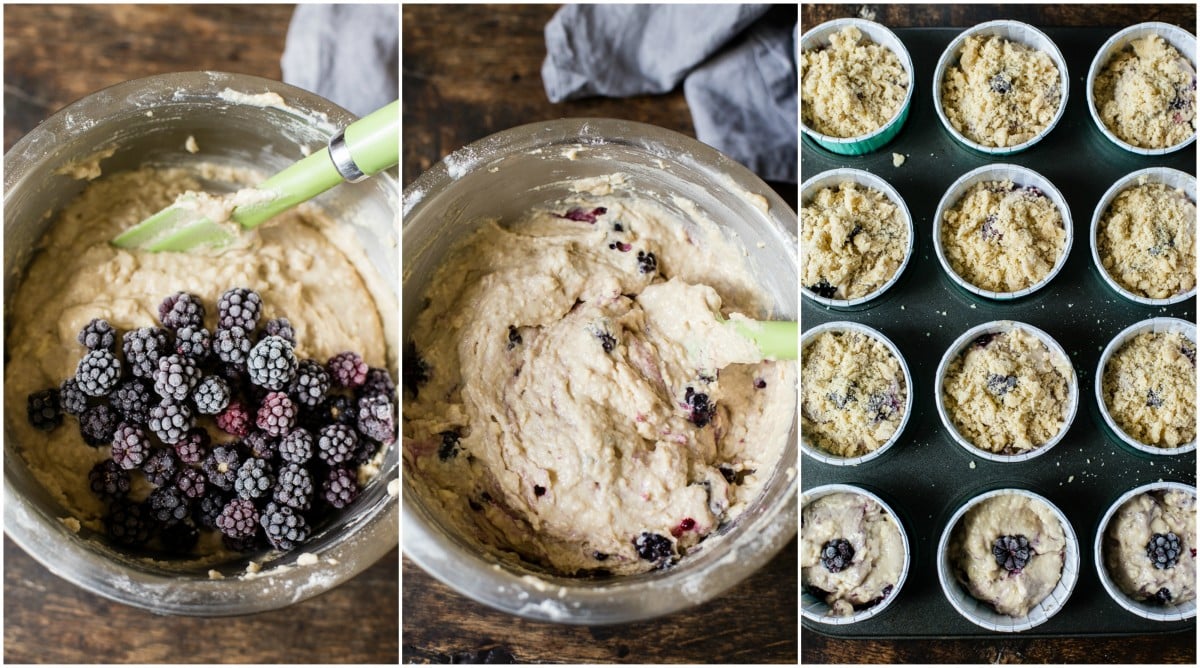 a collage of 3 images for the muffin baking process