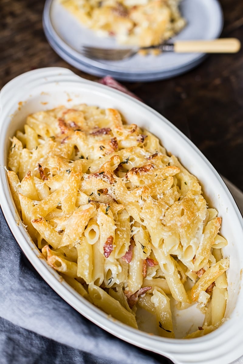Close up of Brie and Bacon Macaroni and Cheese in large dish