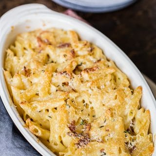 Top down of brie and bacon mac and cheese