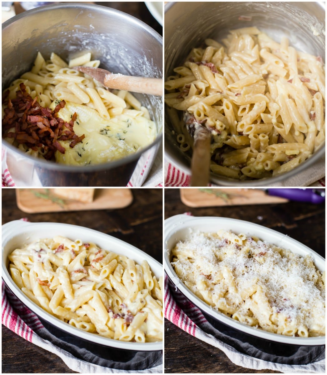 Process shots of brie and bacon macaroni and cheese