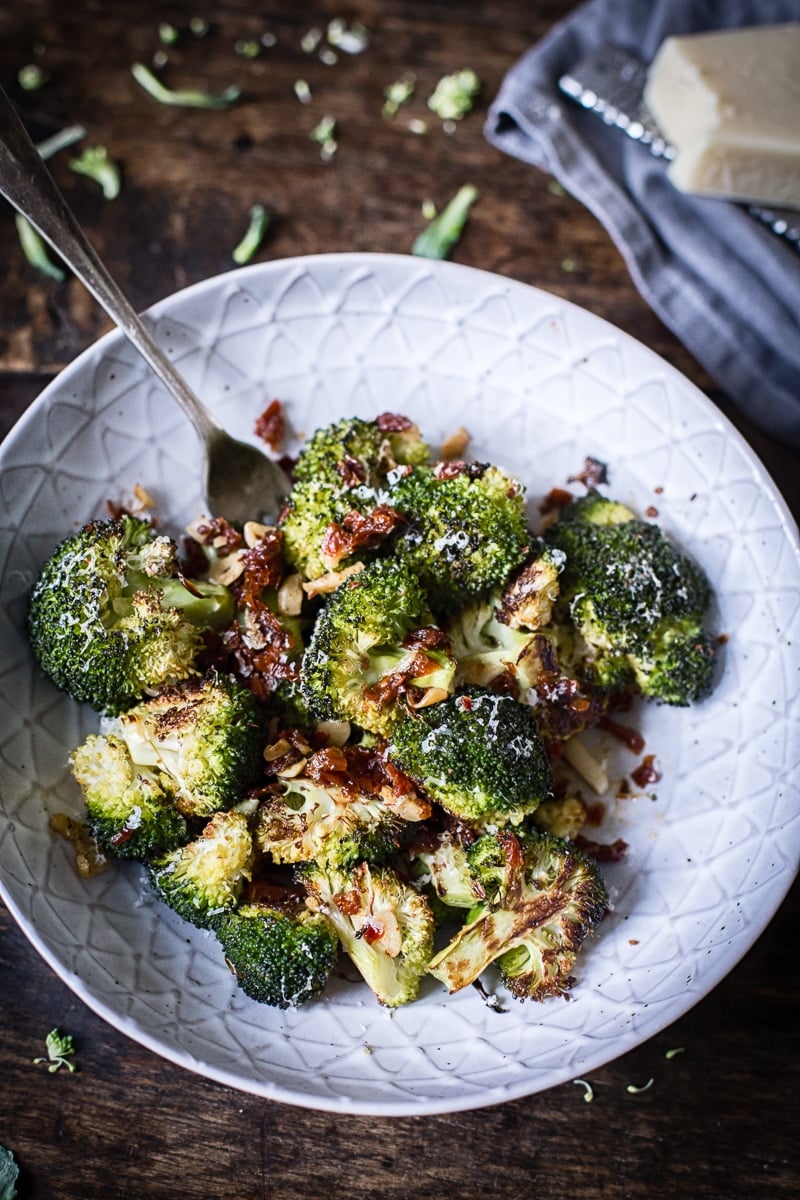Roasted Parmesan Broccoli with Sun-Dried Tomatoes, Garlic and Chillies