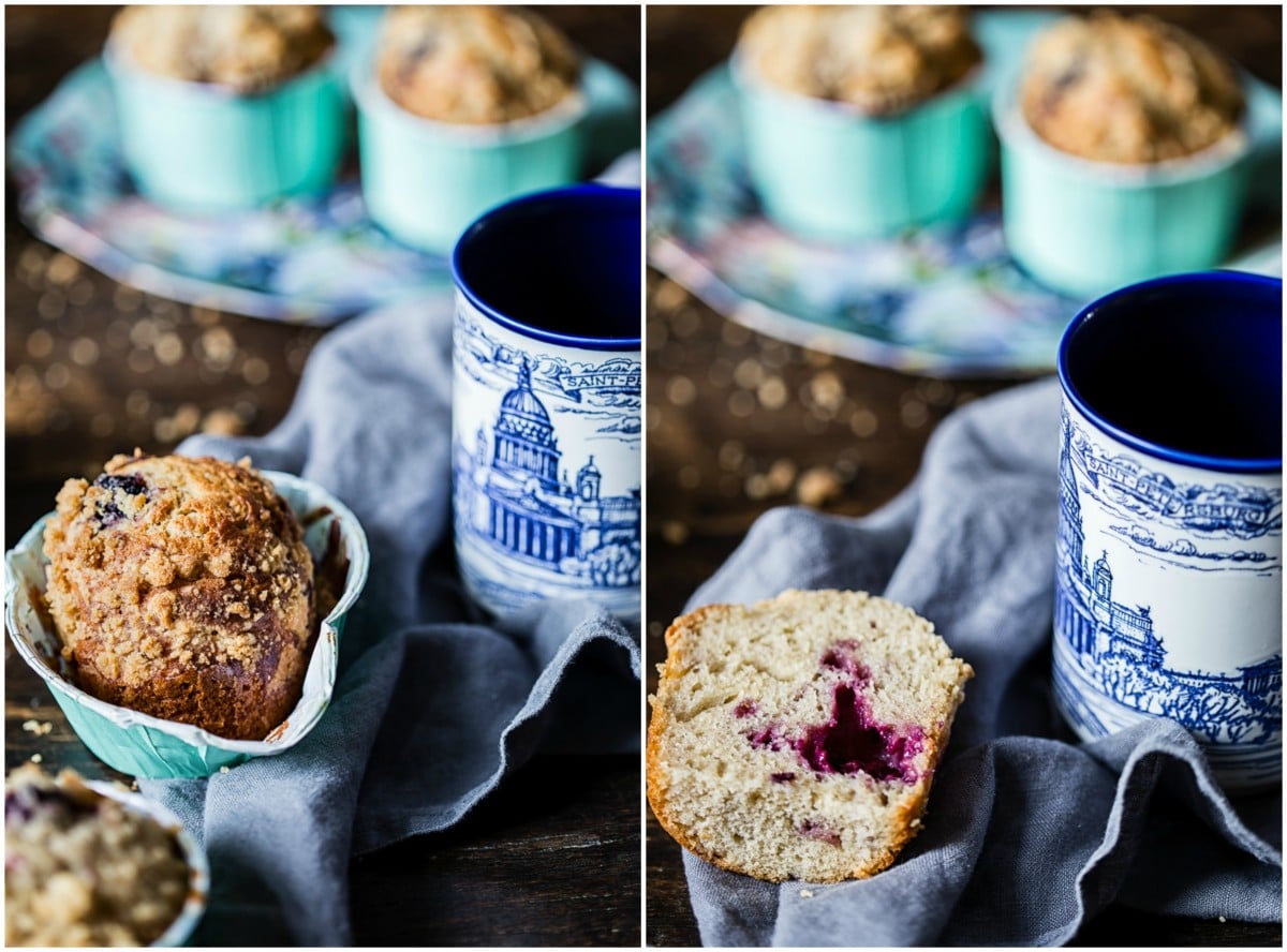 Blackberry Muffin next to a mug, collage of two images