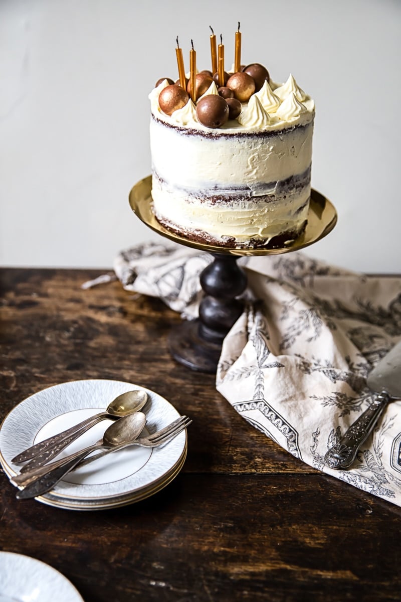 Black and white cake on a stand